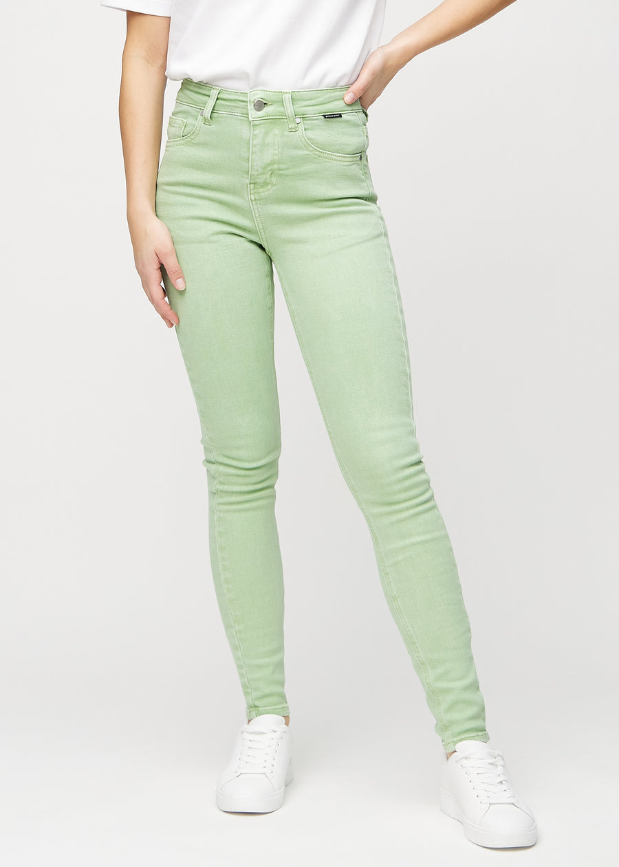 Hellgrüne skinny jeans, Modellname Mints, die eng am Bein anliegen, von vorn gesehen.