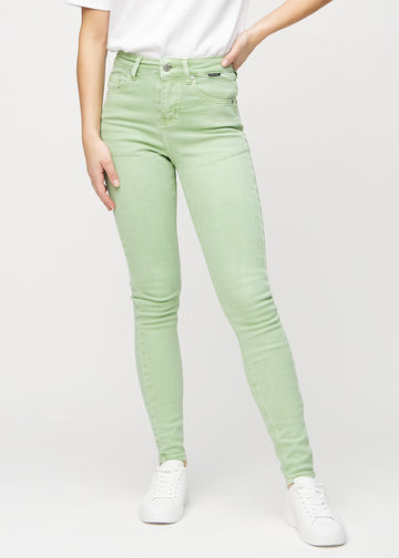 Hellgrüne skinny jeans, Modellname Mints, die eng am Bein anliegen, von vorn gesehen.