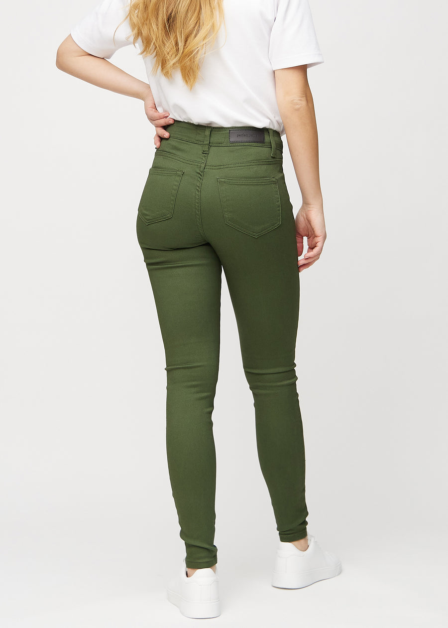 Dunkelgrüne skinny jeans von hinten gesehen, damit man das ganze Produkt sehen kann.